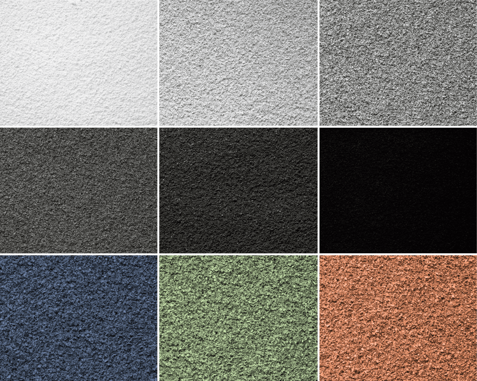 De negen basiskleuren van Acospray DC3 akoestisch spuitwerk in White, Dark Gray, Anthracite, Hell Gray, Deep Gray, L.B., Deep Green en Terracotta